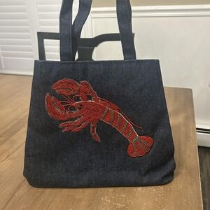 Seaglass Collection Tote Bag Womens Small Blue Denim Lobster Beadwork Purse